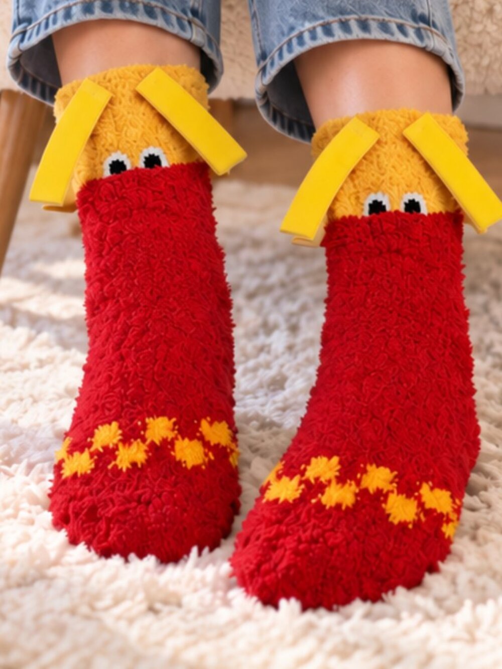 Red Fuzzy French Fry Socks Mid-Calf 3D Food Novelty NWT